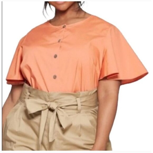 Who What Wear Womens Button-Down Short‎ Sleeve Blouse L Rust Orange 100% Cotton - Picture 1 of 8